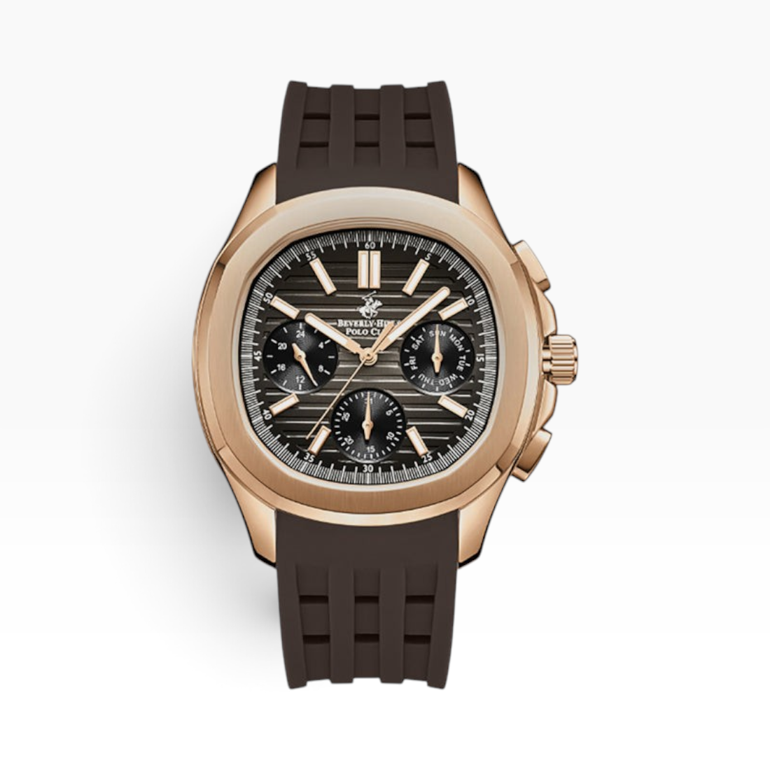 SUL EXTRAS Beverly Hills Polo Club multifunction watch with rose gold cushion case and espresso brown rubber strap.