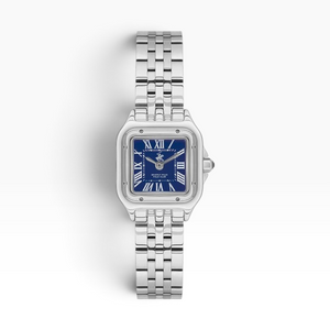 SUL EXTRAS Beverly Hills Polo Club women's watch with a silver square case, midnight blue dial, and stainless steel bracelet.