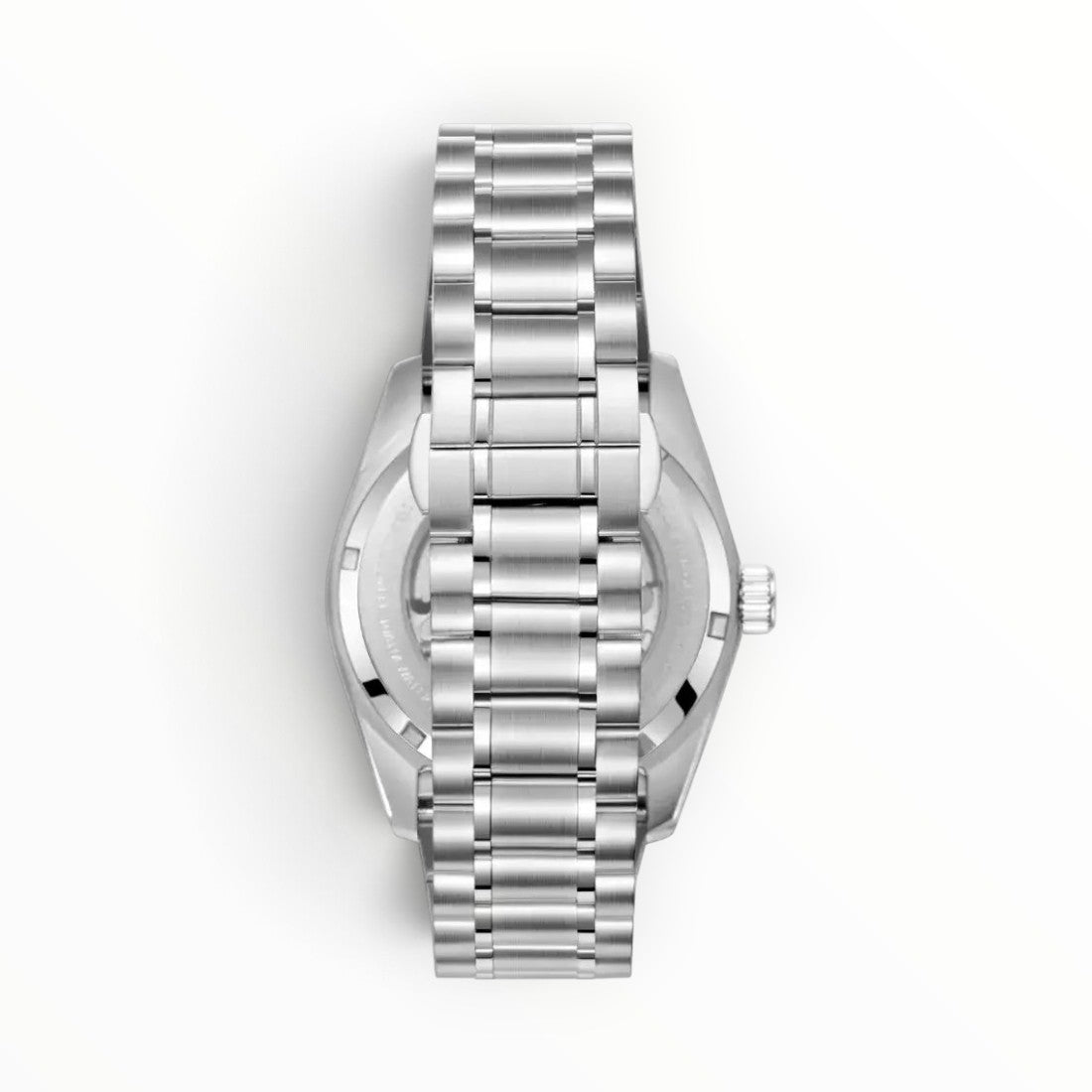 SUL EXTRAS Beverly Hills Polo Club men's automatic watch, silver stainless steel oyster bracelet, case back view.