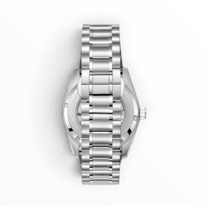 SUL EXTRAS Beverly Hills Polo Club men's automatic watch, silver stainless steel oyster bracelet, case back view.