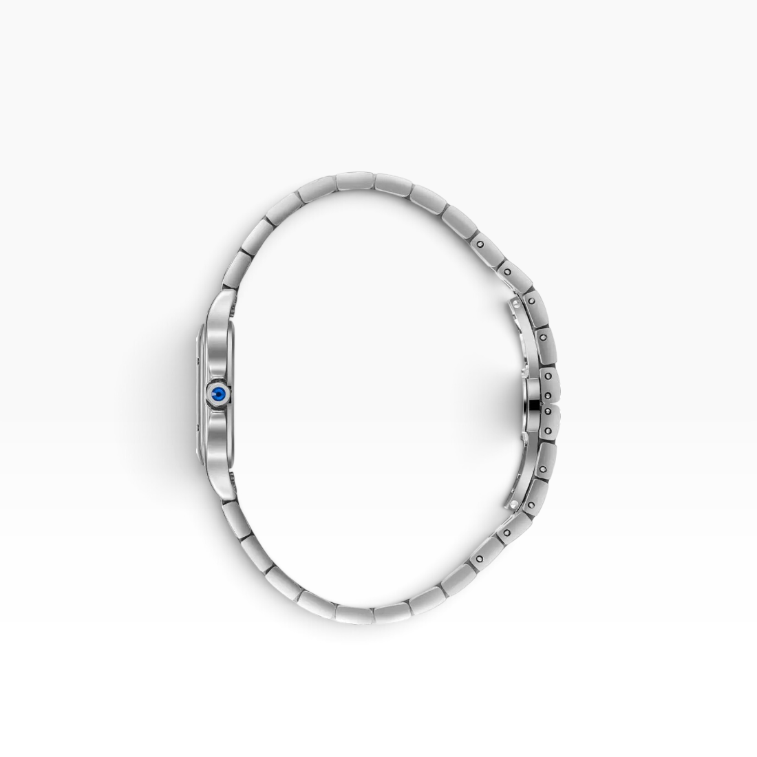 SUL EXTRAS Beverly Hills Polo Club silver watch with cushion case and blue cabochon crown, side view