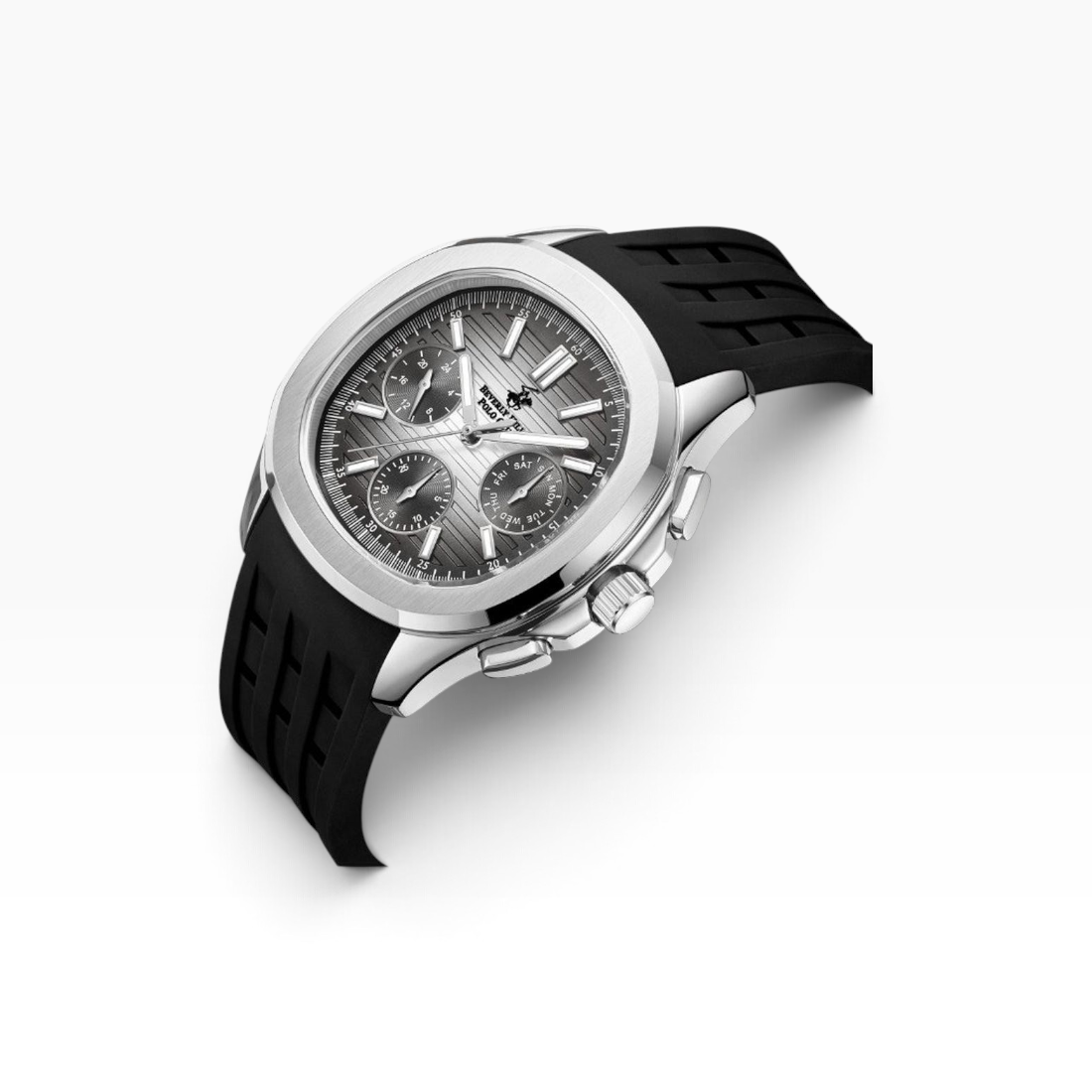 SUL EXTRAS Beverly Hills Polo Club silver cushion-tonneau watch with a gunmetal striped dial and black rubber strap.