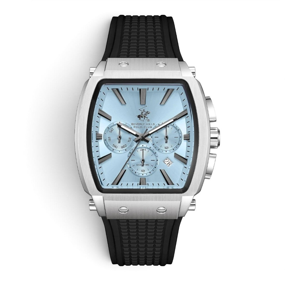 SUL EXTRAS Beverly Hills Polo Club tonneau watch with ice blue dial, silver stainless steel case, and black silicone strap