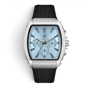 SUL EXTRAS Beverly Hills Polo Club tonneau watch with ice blue dial, silver stainless steel case, and black silicone strap