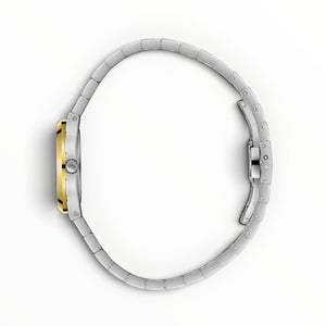 SUL EXTRAS Beverly Hills Polo Club women's watch side view showing the two-tone integrated silver and gold bracelet