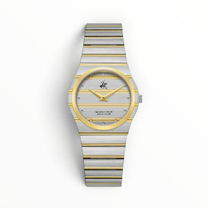 SUL EXTRAS Beverly Hills Polo Club two-tone women's watch with silver striped dial, gold bezel, and integrated band.