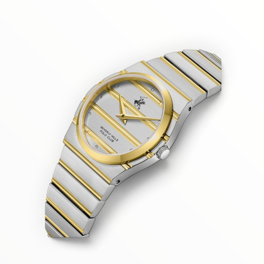 SUL EXTRAS Beverly Hills Polo Club two-tone women's watch with silver horizontal-stripe dial and integrated bracelet.