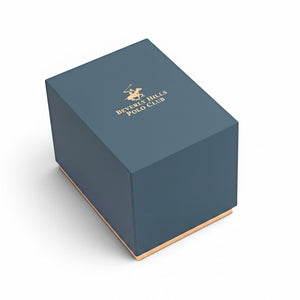SUL EXTRAS Beverly Hills Polo Club luxury navy blue watch gift box with gold logo on a white background