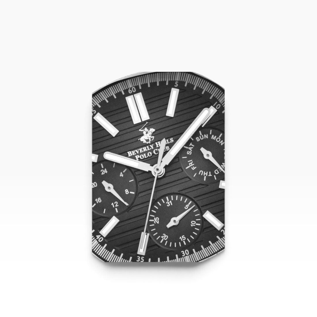 SUL EXTRAS Beverly Hills Polo Club watch dial with gunmetal horizontal stripes, silver indices, and multifunction subdials