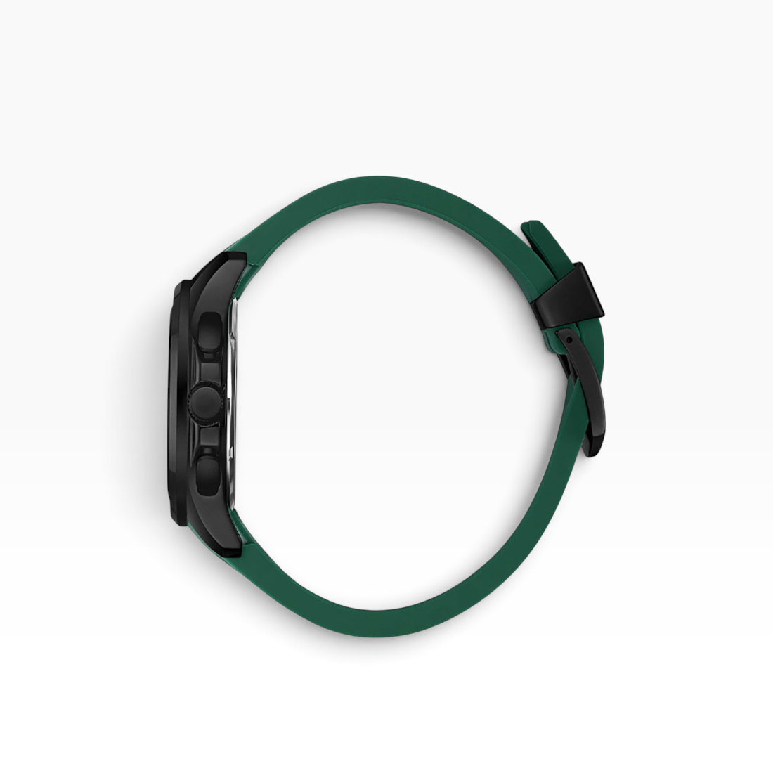 SUL EXTRAS Beverly Hills Polo Club watch side view showing black PVD stainless steel case and forest green rubber strap