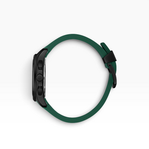 SUL EXTRAS Beverly Hills Polo Club watch side view showing black PVD stainless steel case and forest green rubber strap
