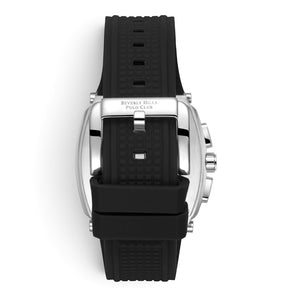 SUL EXTRAS Beverly Hills Polo Club men's watch featuring a black ribbed silicone strap with a silver pin buckle.