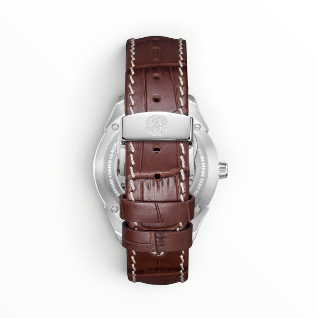 SUL EXTRAS Beverly Hills Polo Club watch featuring a brown crocodile-embossed leather strap with a silver deployment clasp