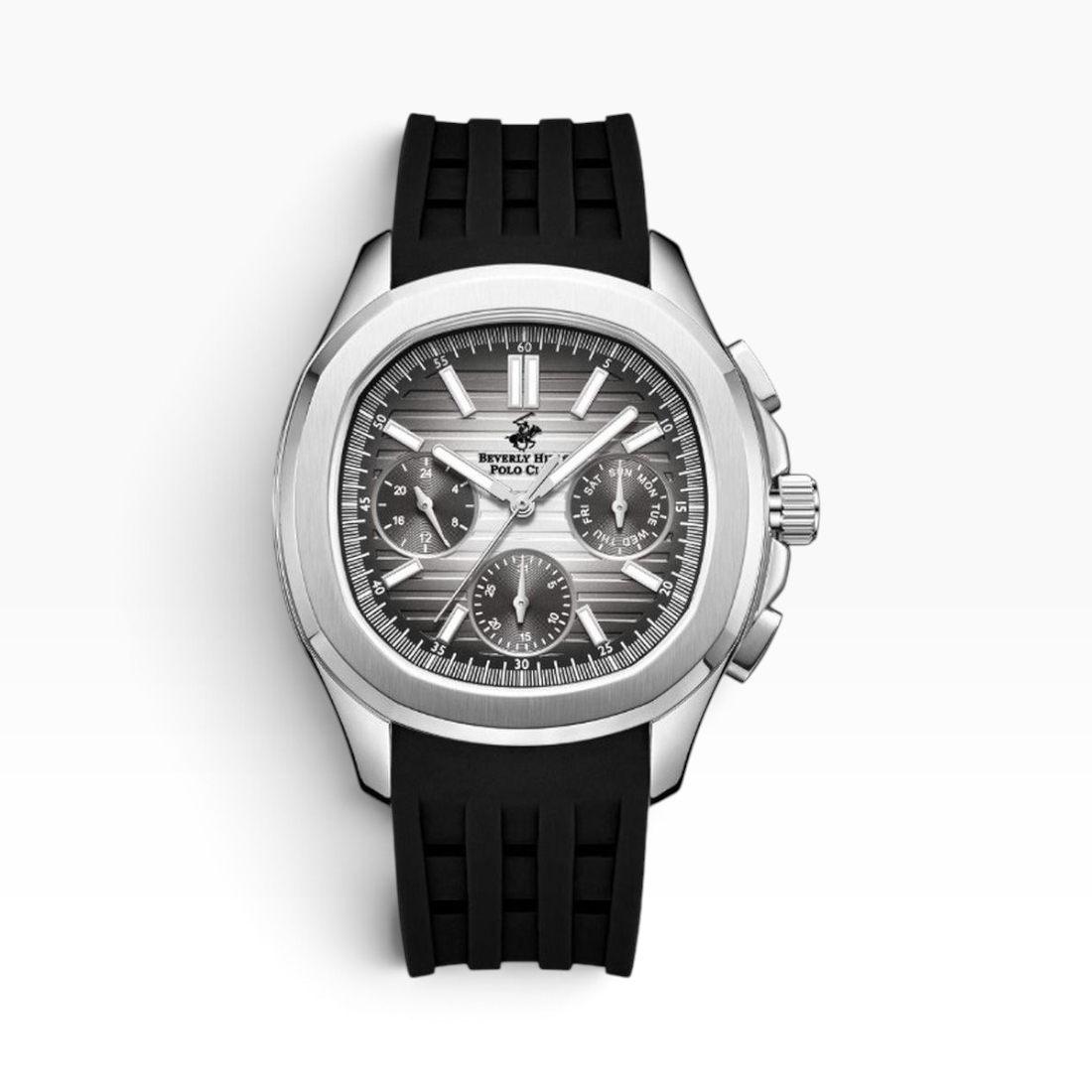 SUL EXTRAS Beverly Hills Polo Club multifunction watch with a gunmetal striped dial and black rubber strap.