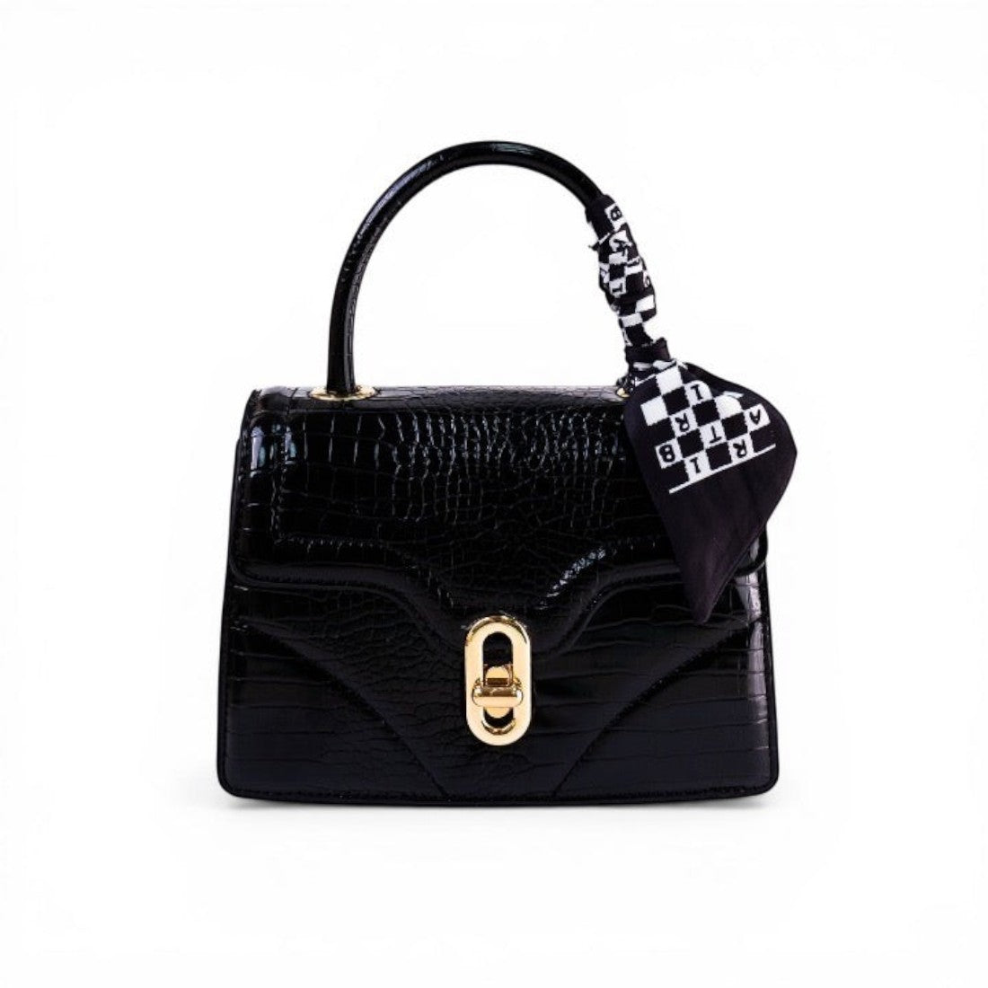 SUL EXTRAS black crocodile-embossed top-handle bag with a gold clasp and a decorative black and white patterned scarf