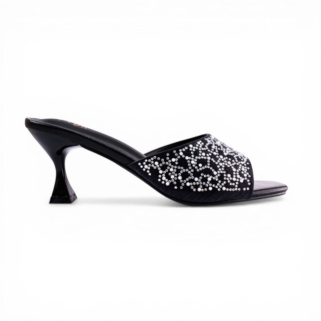 SUL EXTRAS black kitten heel sandal with crystal embellishments and a unique flared heel for formal evening wear.