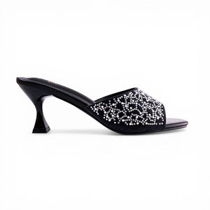 SUL EXTRAS black kitten heel sandal with crystal embellishments and a unique flared heel for formal evening wear.