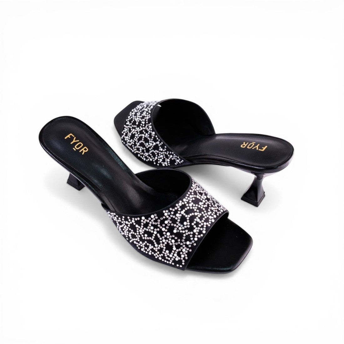 SUL EXTRAS black kitten heel sandals with crystal-encrusted straps and a square toe design.