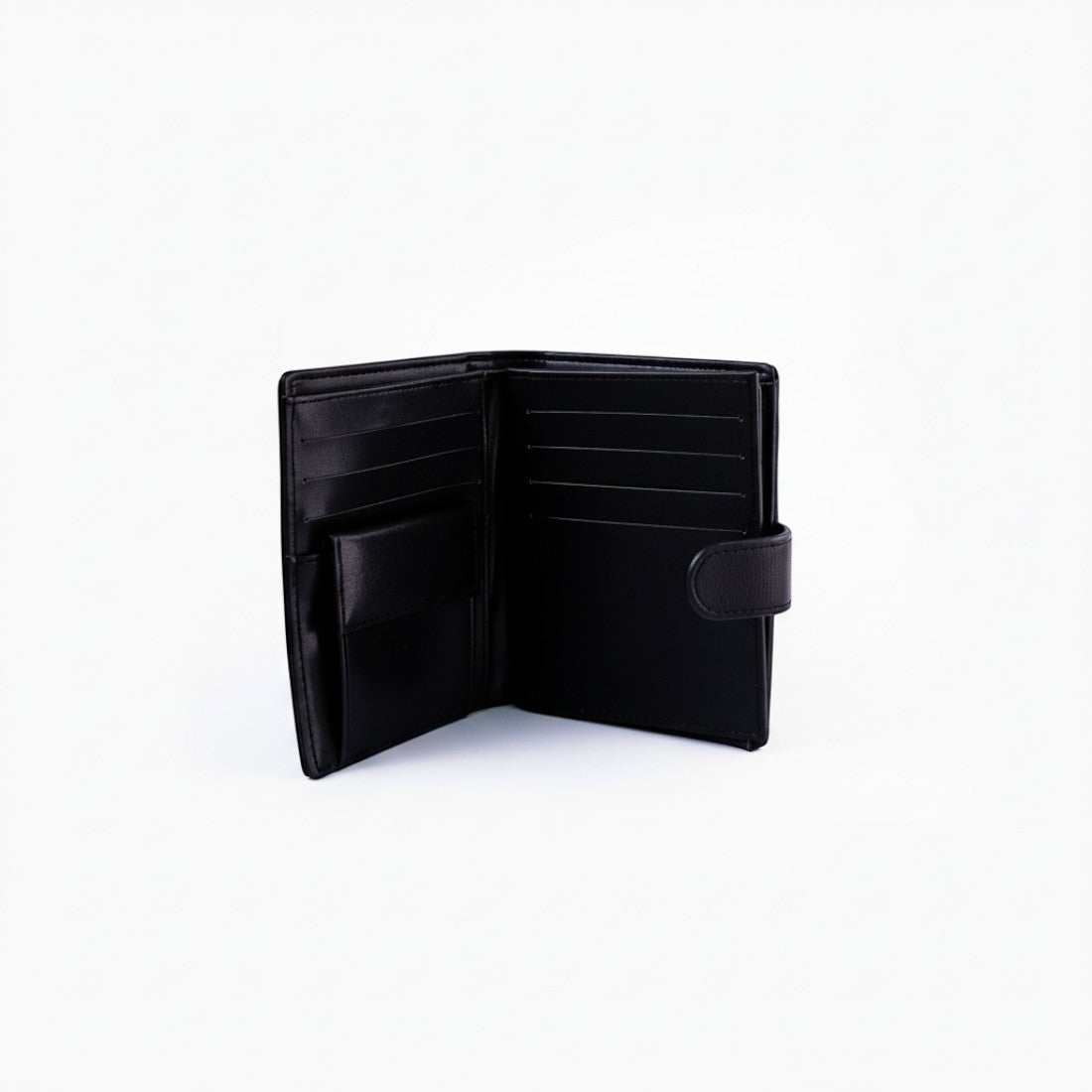 SUL EXTRAS Chrisbella Apex black fine-grain leather bi-fold wallet with a secure snap-tab closure