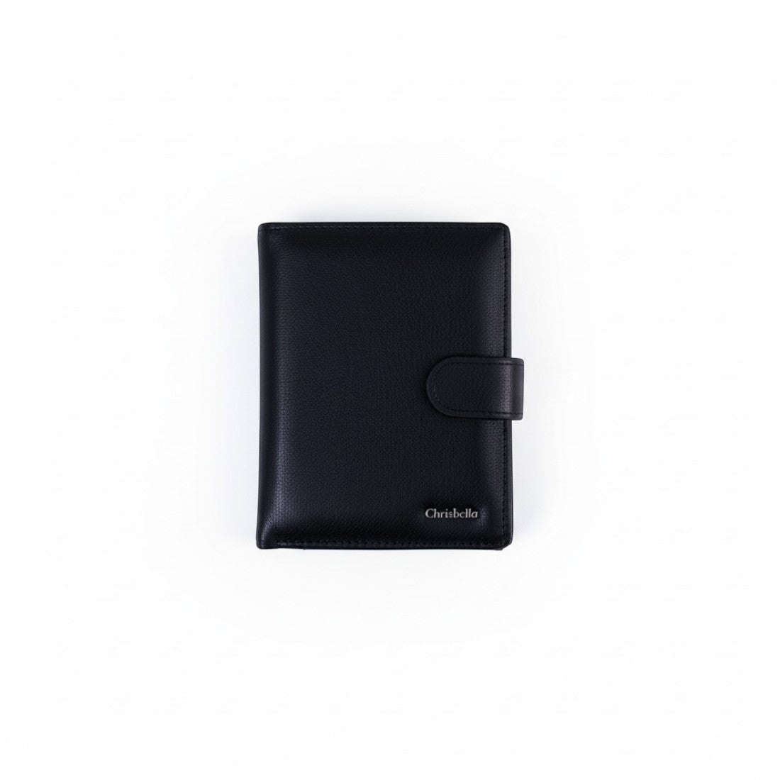 SUL EXTRAS Chrisbella Apex black fine-grain leather bi-fold wallet with a secure snap-tab closure