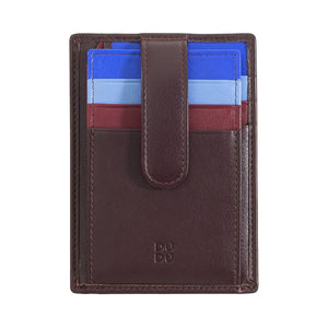 SUL EXTRAS Dudu leather card holder in dark brown with blue and burgundy accents and a central snap closure strap