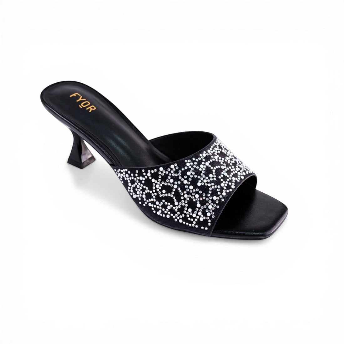 SUL EXTRAS Fyor black kitten heel sandals featuring a square toe and intricate crystal embellishments