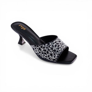 SUL EXTRAS Fyor black kitten heel sandals featuring a square toe and intricate crystal embellishments
