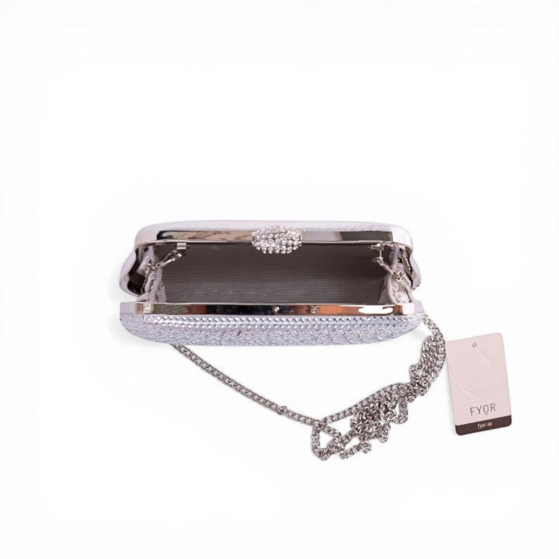 SUL EXTRAS FYOR silver crystal-encrusted box clutch with a metallic frame and detachable chain strap