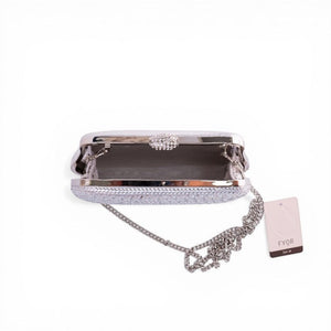 SUL EXTRAS FYOR silver crystal-encrusted box clutch with a metallic frame and detachable chain strap