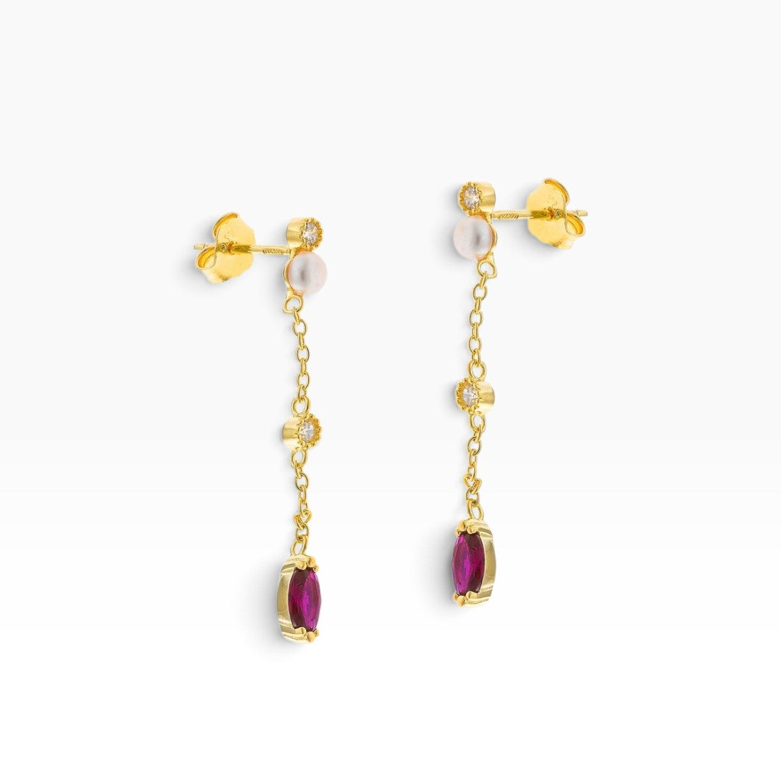 SUL EXTRAS gold-plated sterling silver drop earrings with white pearls, small zirconia stones, and red zirconia drops.