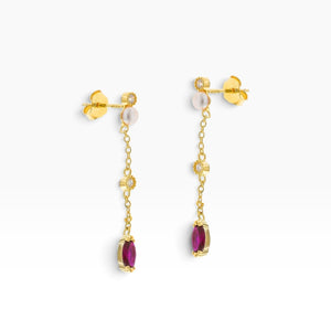 SUL EXTRAS gold-plated sterling silver drop earrings with white pearls, small zirconia stones, and red zirconia drops.