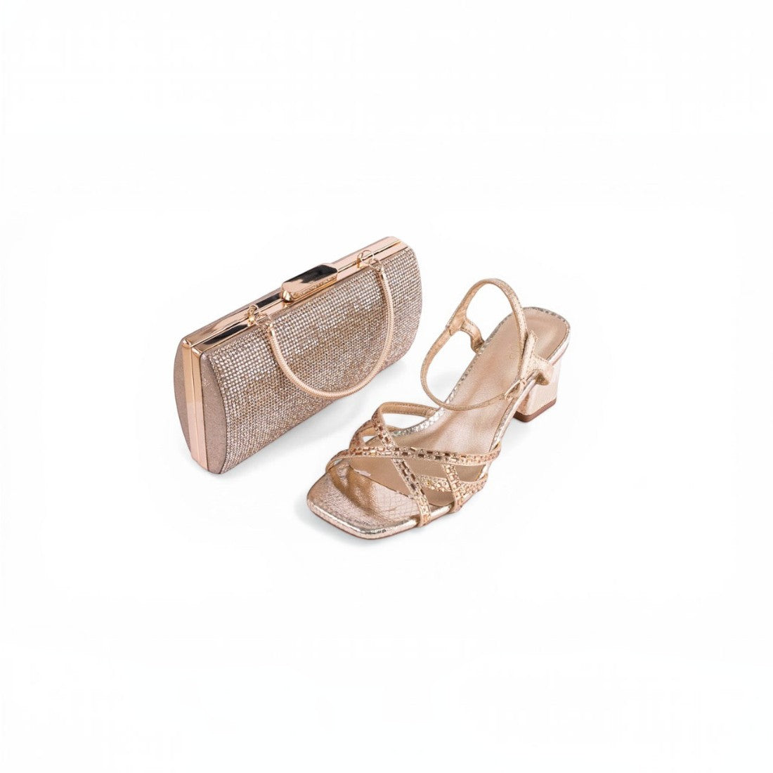 SUL EXTRAS Aura Starlight Set featuring a gold metallic box clutch and matching crystal-embellished block heel sandals.