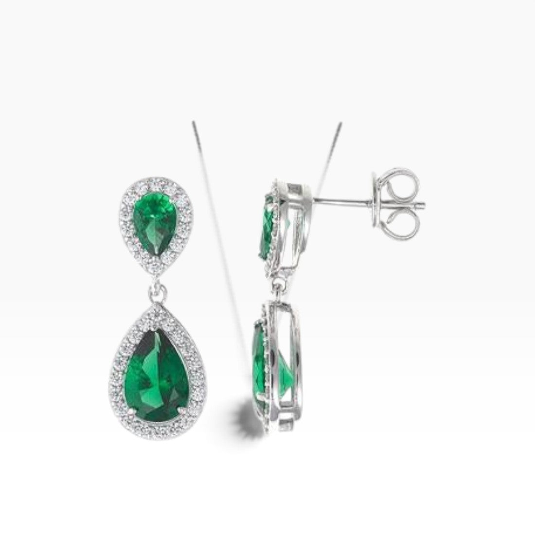 SUL EXTRAS double pear drop earrings in 925 sterling silver with vivid green nano stones and cubic zirconia halos