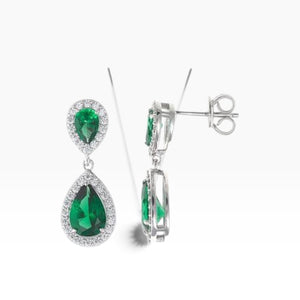 SUL EXTRAS double pear drop earrings in 925 sterling silver with vivid green nano stones and cubic zirconia halos