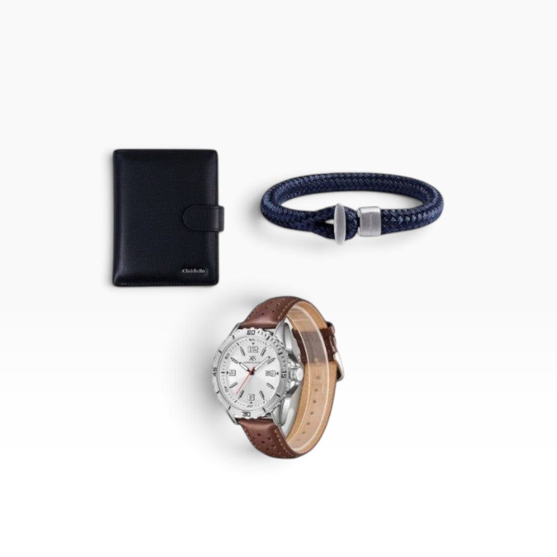 SUL EXTRAS Horizon Trio set featuring a Kenneth Scott silver watch, Chrisbella black leather wallet, and navy nautical bracelet.
