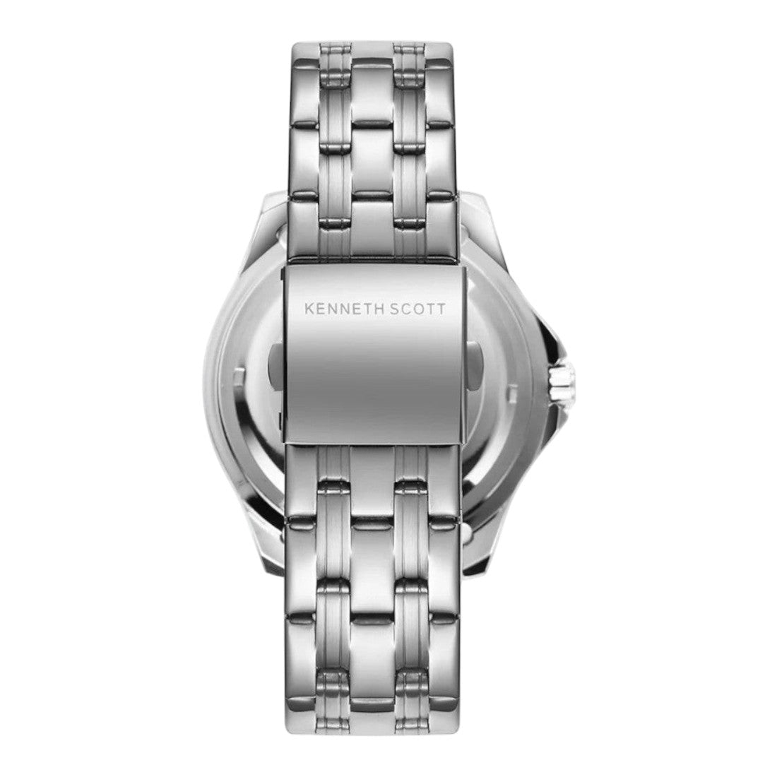 SUL EXTRAS Kenneth Scott 48mm watch featuring a polished silver stainless steel link bracelet and deployment clasp