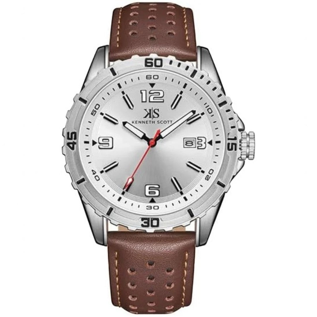 SUL EXTRAS Kenneth Scott Legacy analog watch with silver sunray dial, scalloped bezel, and perforated brown leather strap