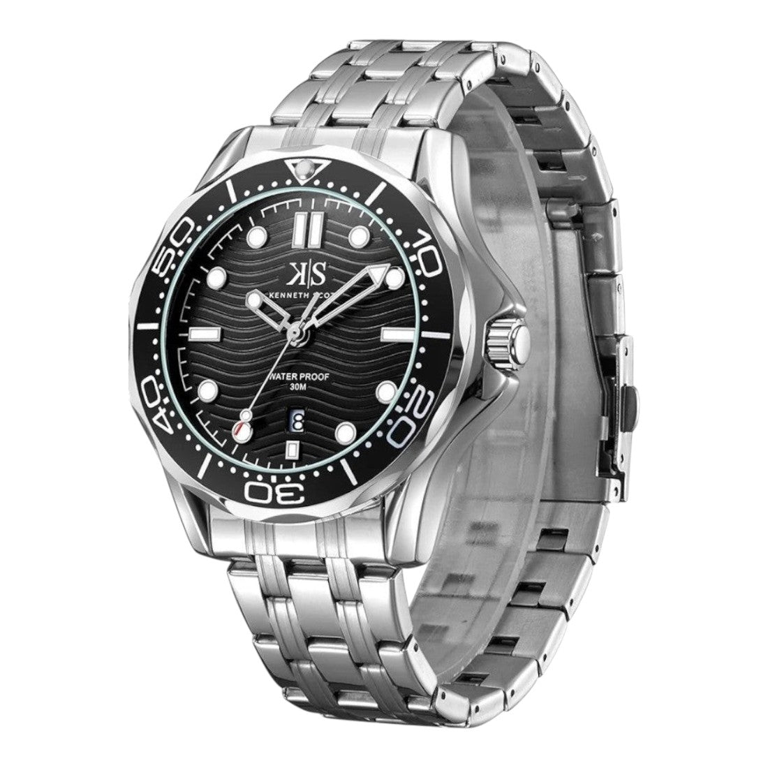 SUL EXTRAS Kenneth Scott 48mm stainless steel watch with a black wave-pattern dial and rotating bezel