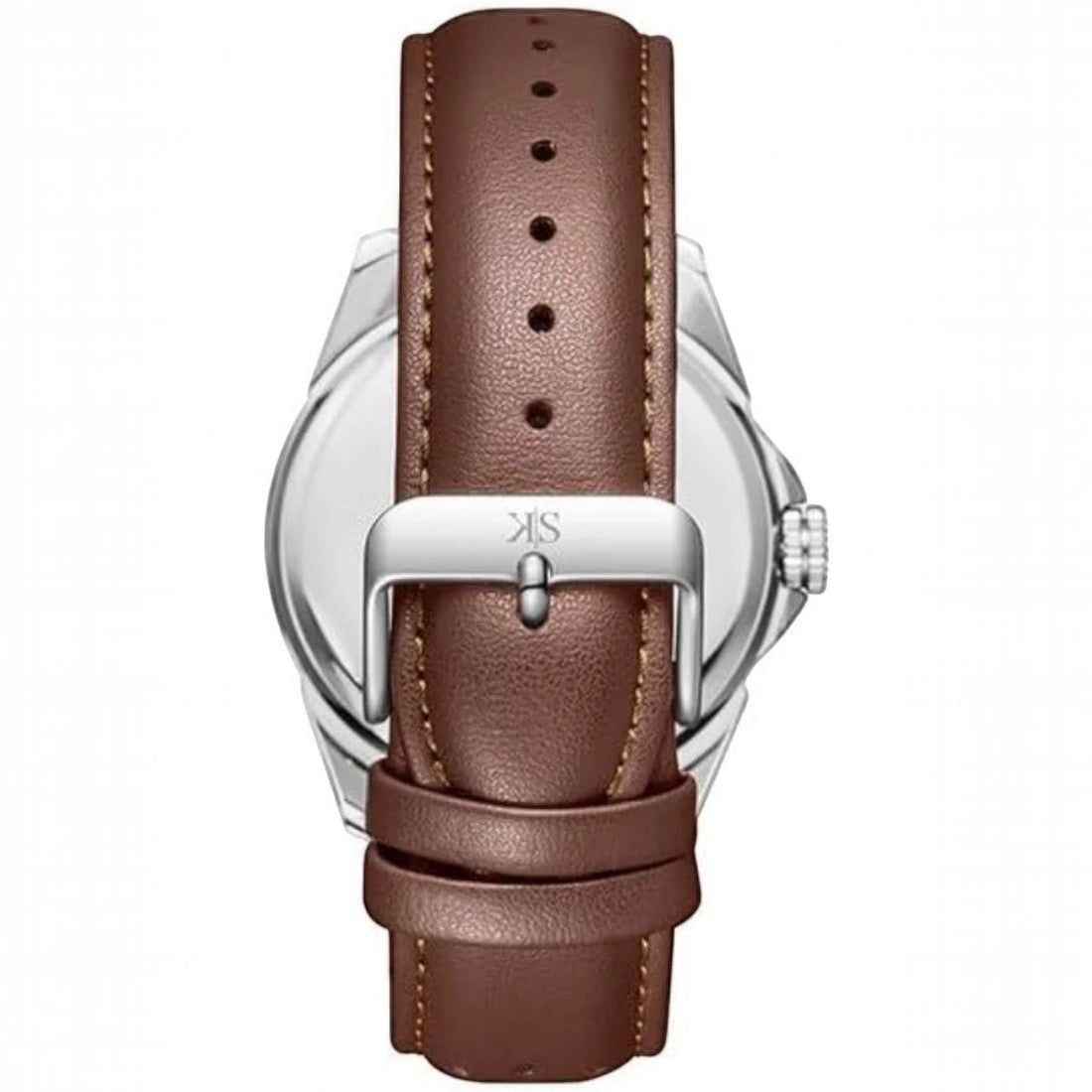 SUL EXTRAS Kenneth Scott Legacy watch featuring a brown perforated leather strap and silver buckle on a white background