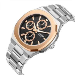 SUL EXTRAS Lee Cooper Executive watch with a silver cushion case, rose gold bezel, and black multi-function dial.