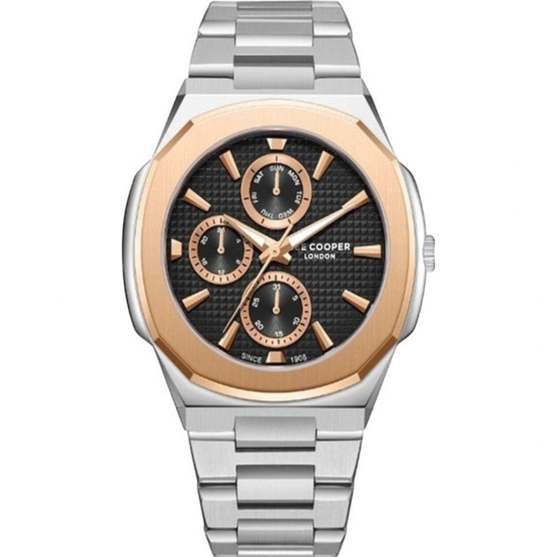 SUL EXTRAS Lee Cooper Executive multi-function watch with silver cushion case, rose gold bezel, and black textured dial.