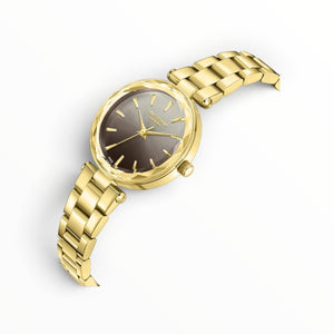 SUL EXTRAS Lee Cooper London women's watch with gold faceted bezel, ombré smoke-to-brown dial, and gold link bracelet.