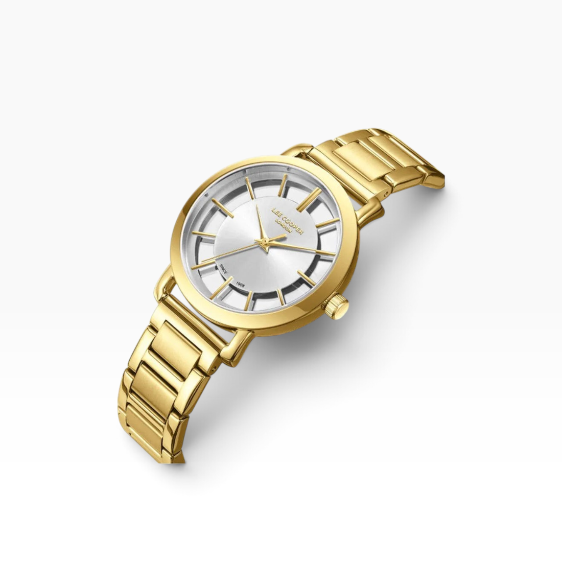 SUL EXTRAS Lee Cooper London gold women's watch with a silver sunray open-spoke dial and stainless steel bracelet.