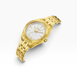 SUL EXTRAS Lee Cooper London gold women's watch with a white basket-weave dial and a fluted coin-edge bezel.
