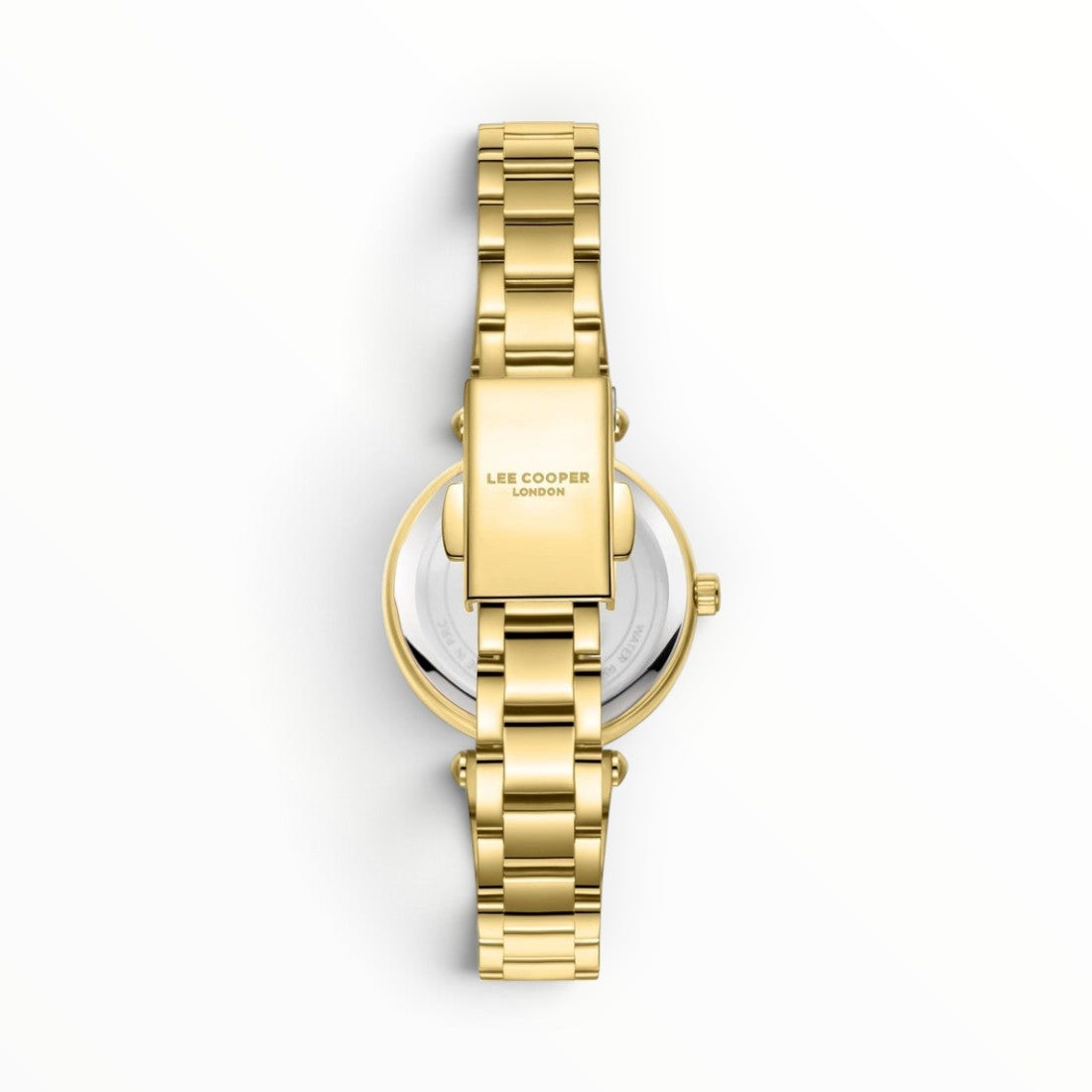 SUL EXTRAS Lee Cooper London women's watch showing the gold stainless steel bracelet and deployment clasp back view.