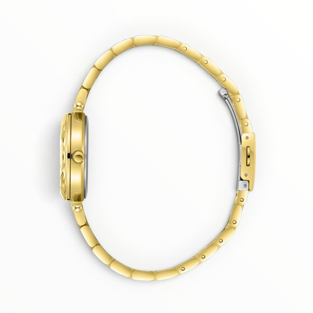 SUL EXTRAS Lee Cooper London women's watch with a faceted gold bezel and polished gold three-link bracelet, side view.