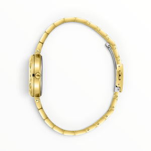 SUL EXTRAS Lee Cooper London women's watch with a faceted gold bezel and polished gold three-link bracelet, side view.