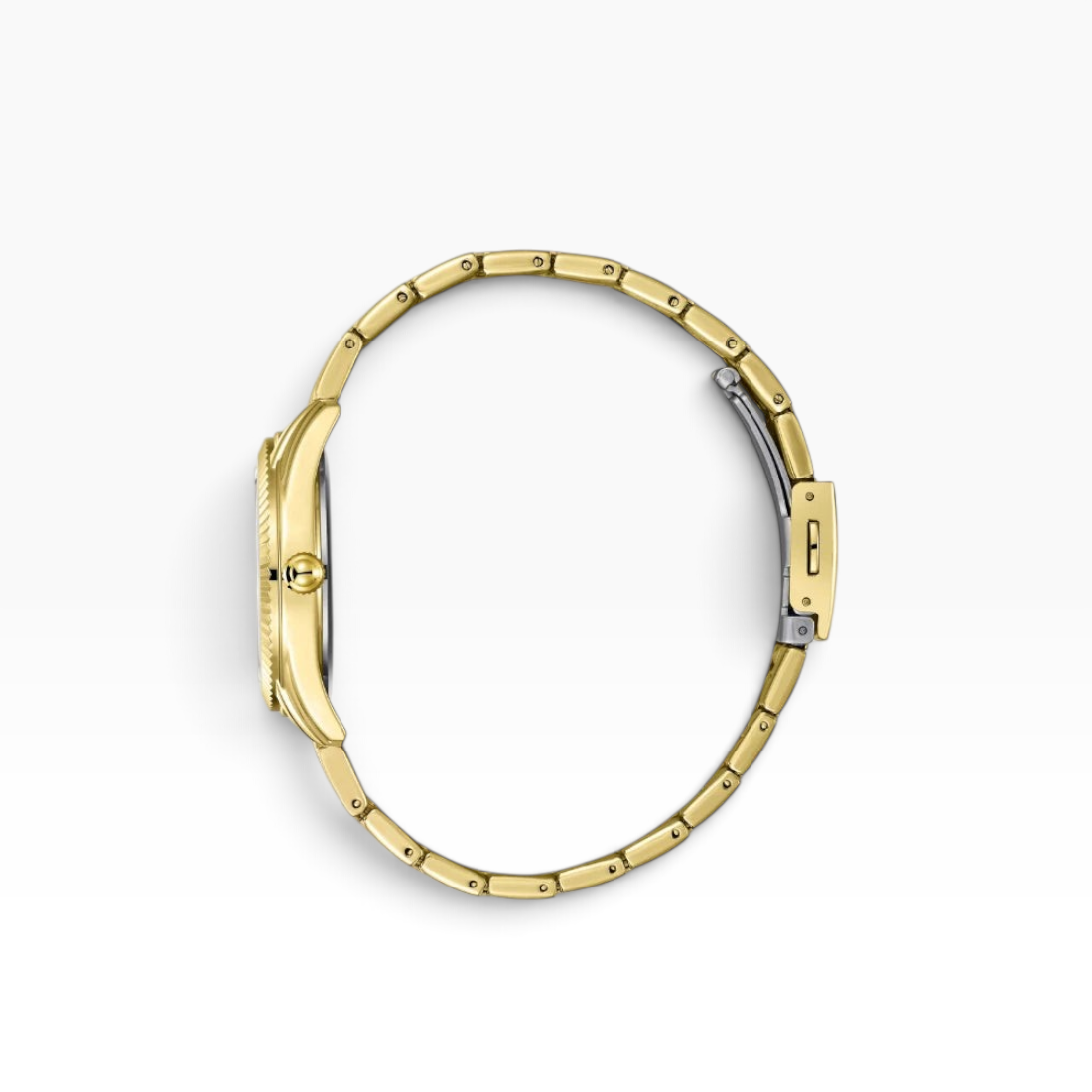 SUL EXTRAS Lee Cooper London gold women's watch with a fluted bezel and five-link bracelet, side profile view.