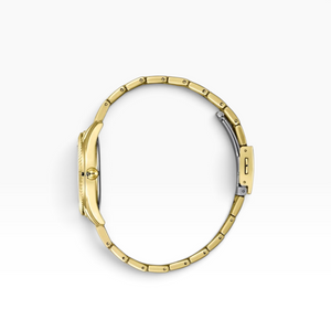 SUL EXTRAS Lee Cooper London gold women's watch with a fluted bezel and five-link bracelet, side profile view.