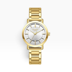 SUL EXTRAS Lee Cooper London women's gold watch with a silver sunray dial and open-spoke design on a link bracelet.